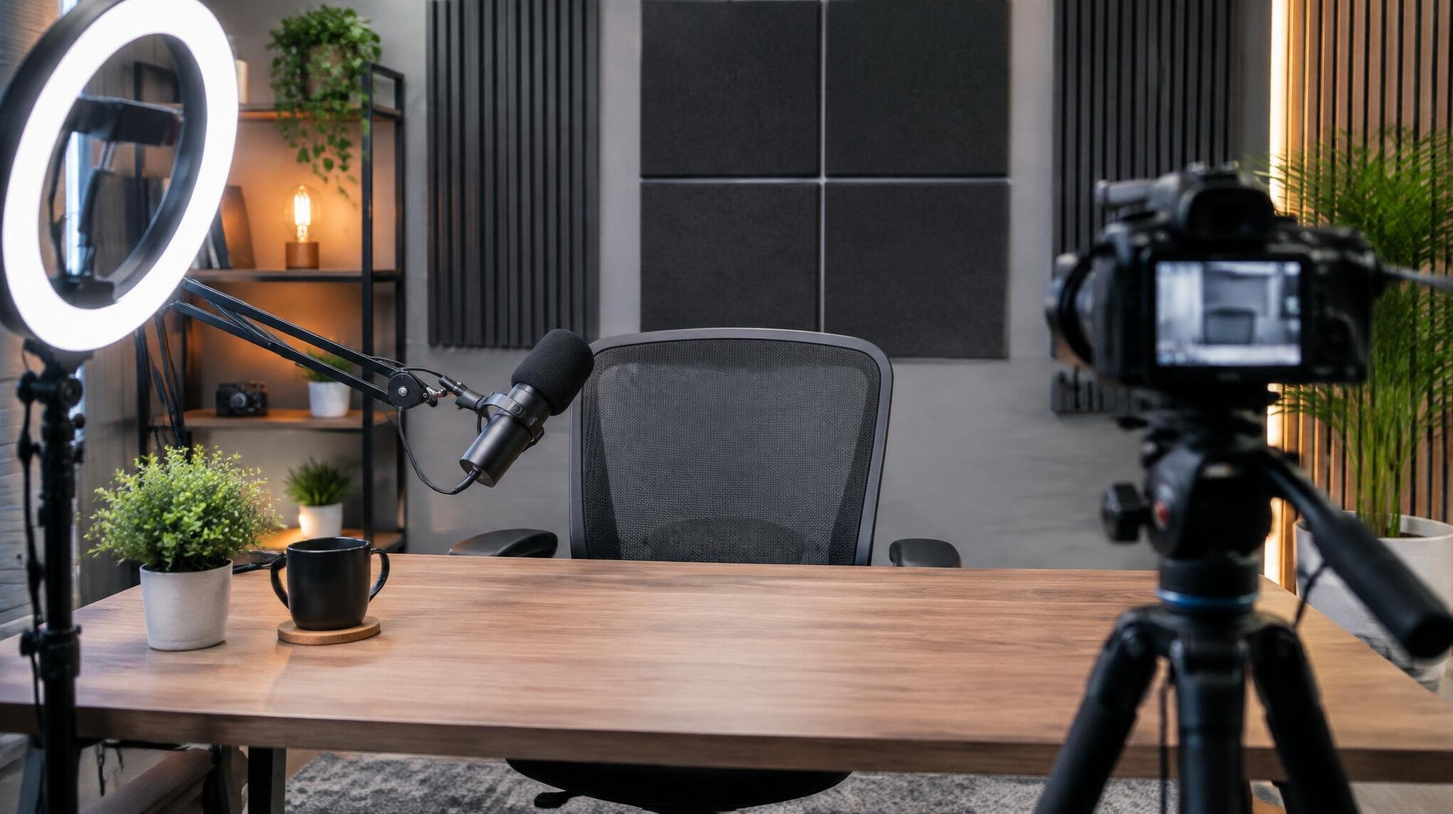 Vlog and podcast recording studio with microphone and ring light