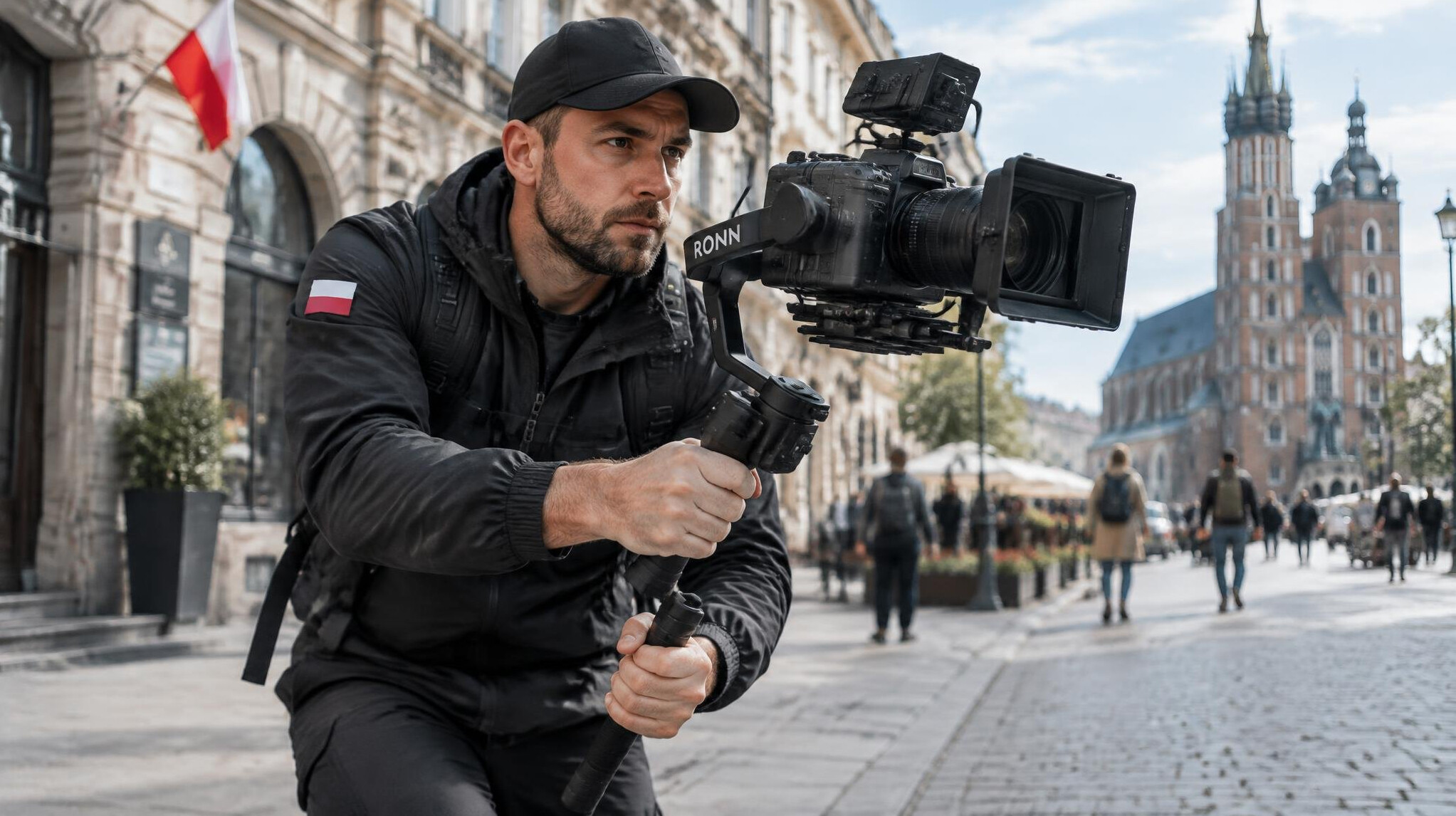 Camera operator using a gimbal stabilizer outdoors