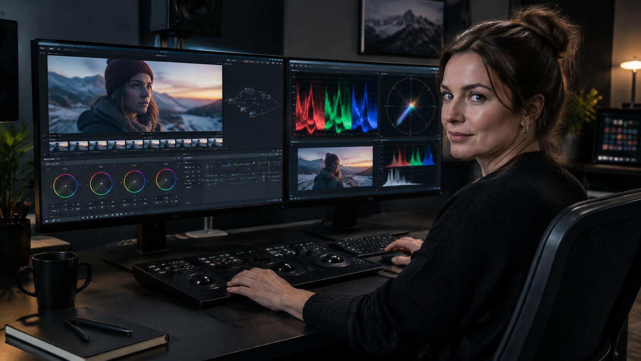 Colorist working on video color grading with dual monitors