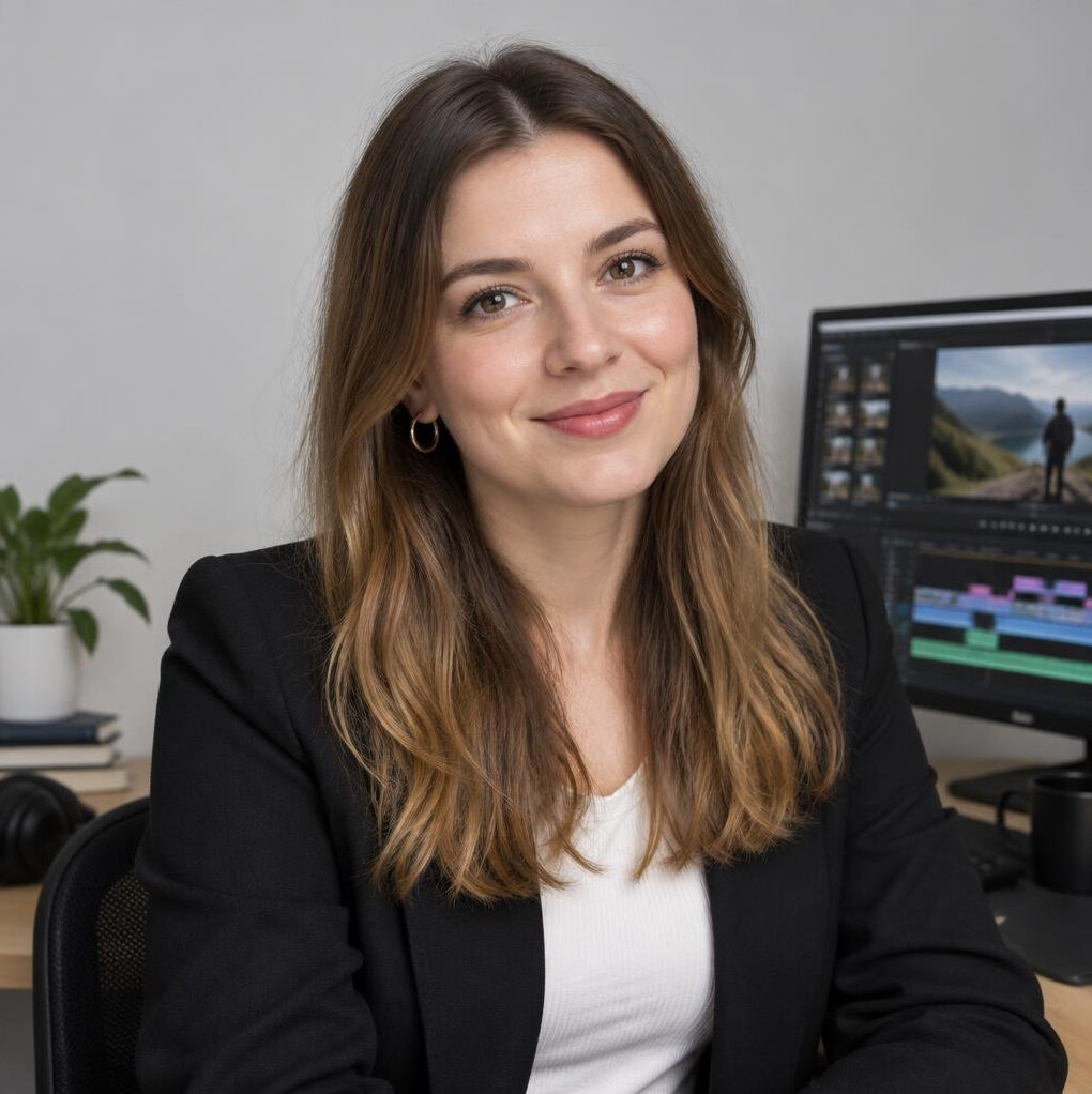 Studio portrait of a woman, video editor