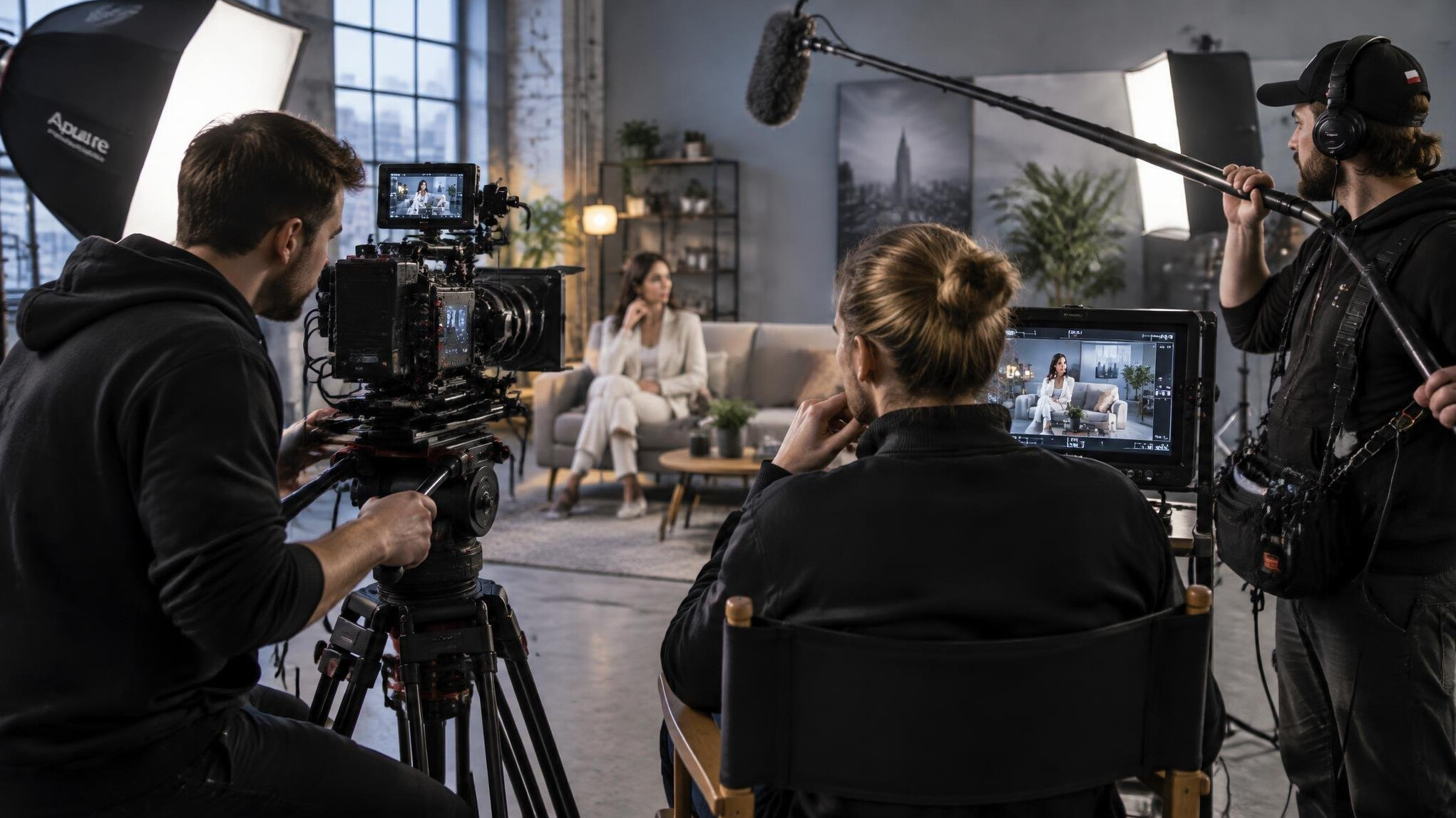 Video production crew filming with a cinema camera in a studio