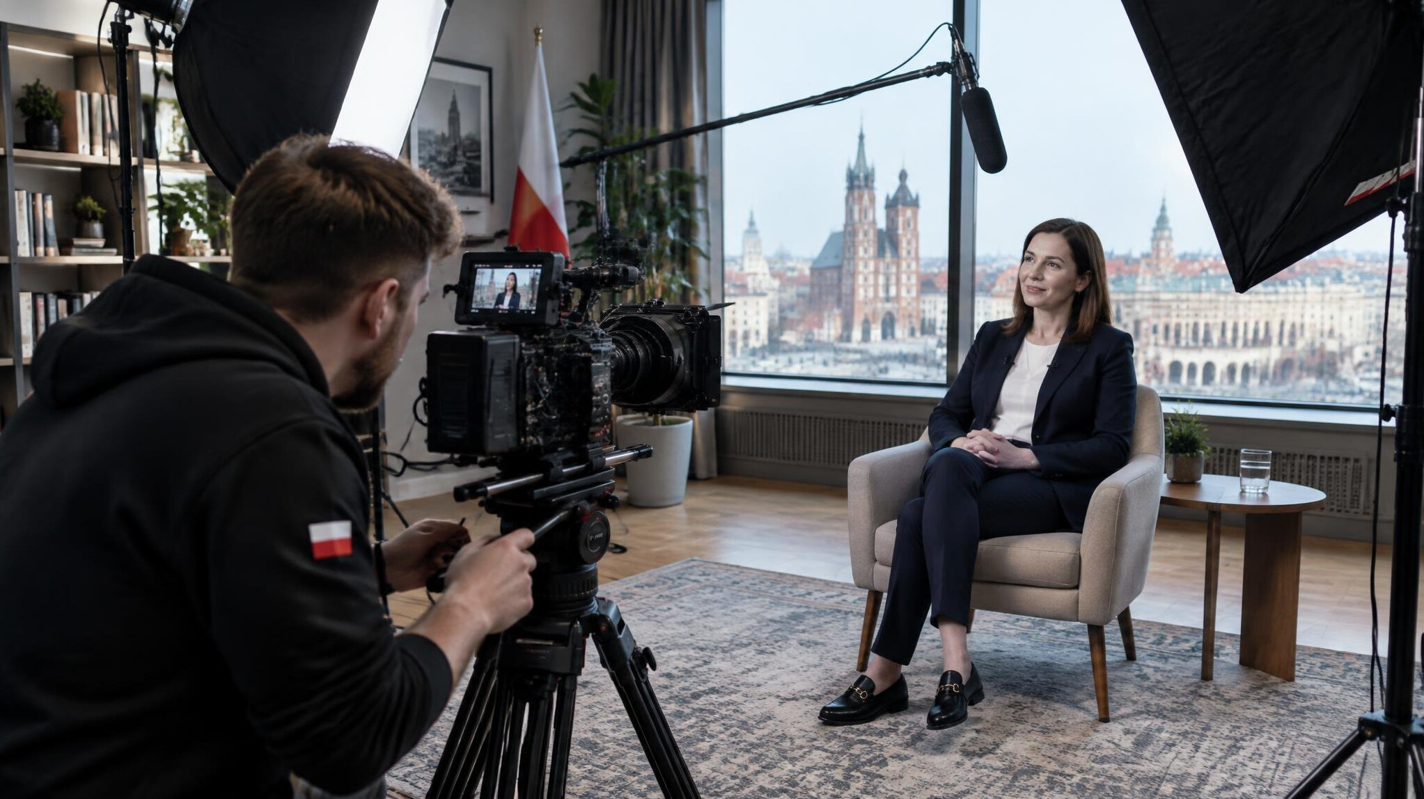 Behind the scenes of an interview video shoot with camera and lighting