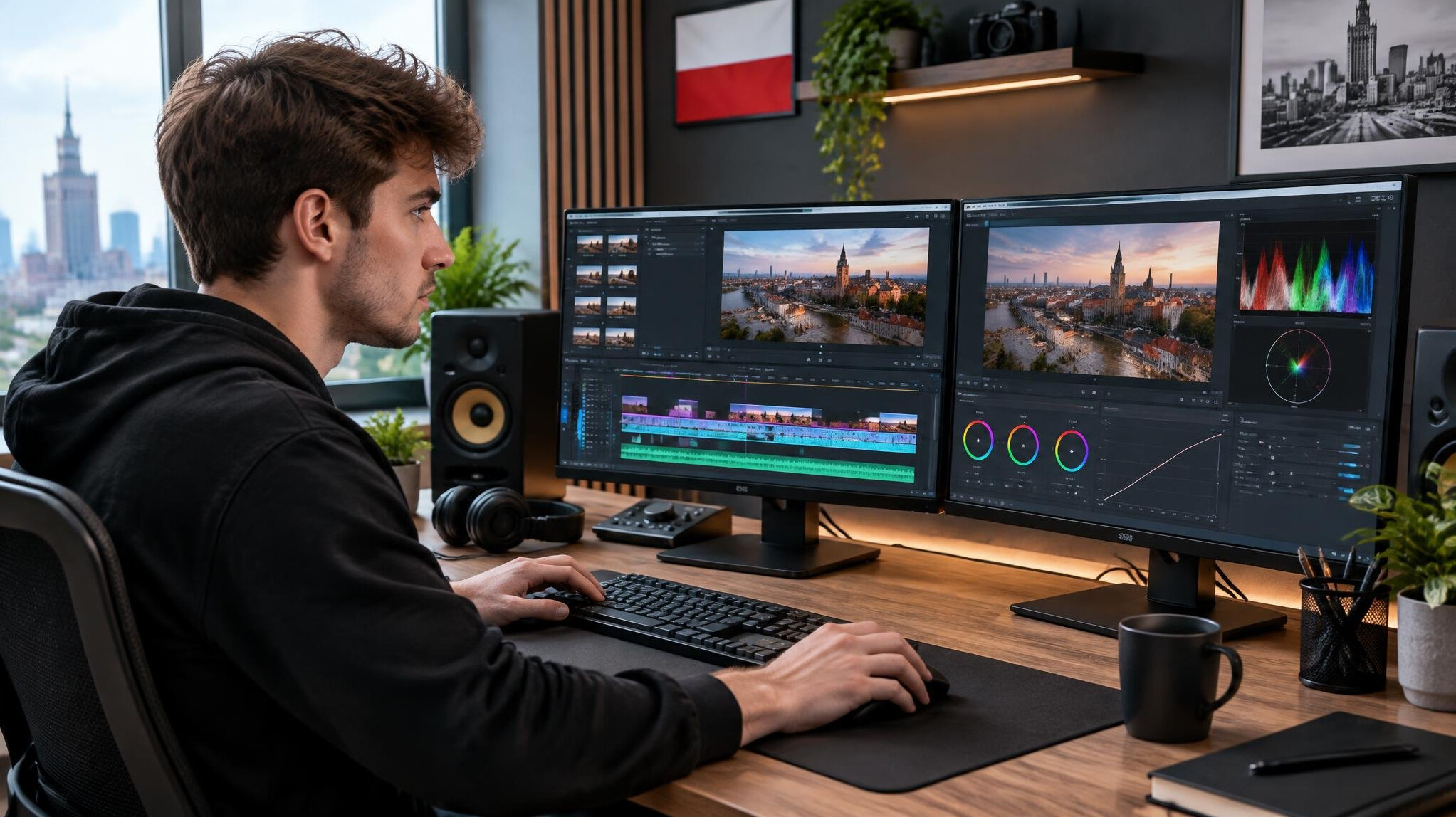 Video editor working on footage timeline at a desk with dual monitors