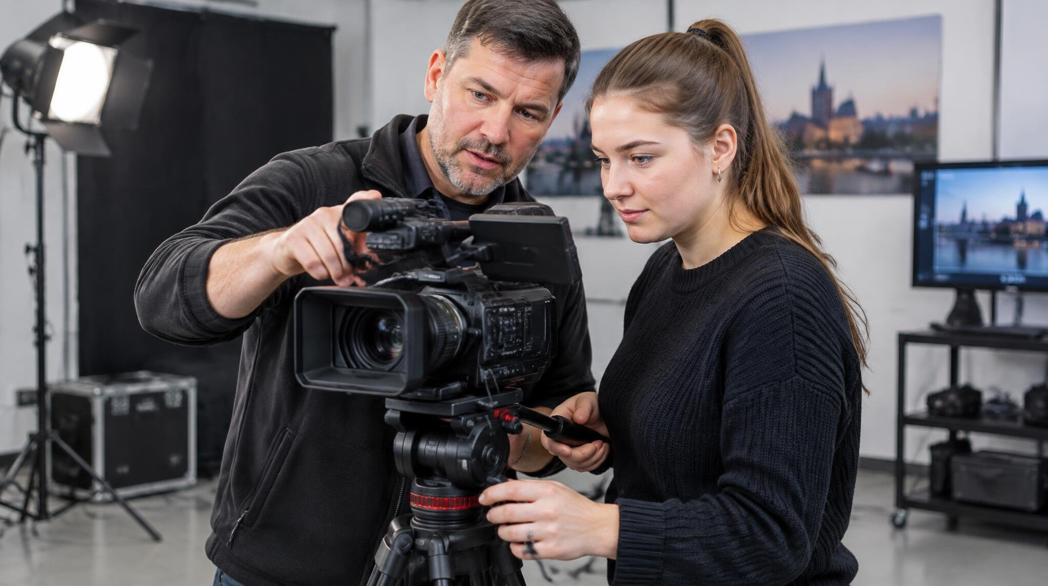 Instructor teaching a student how to operate a video camera