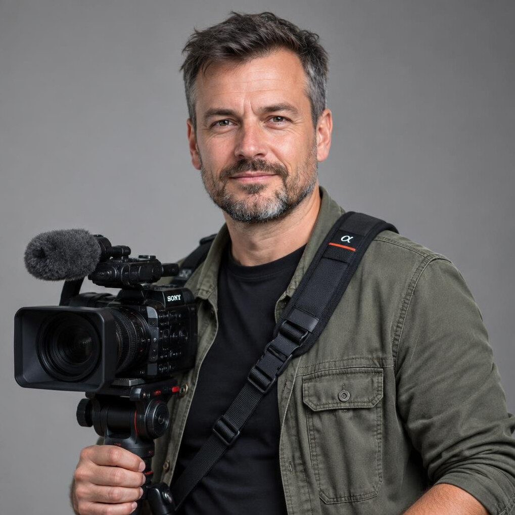 Studio portrait of a man, camera operator