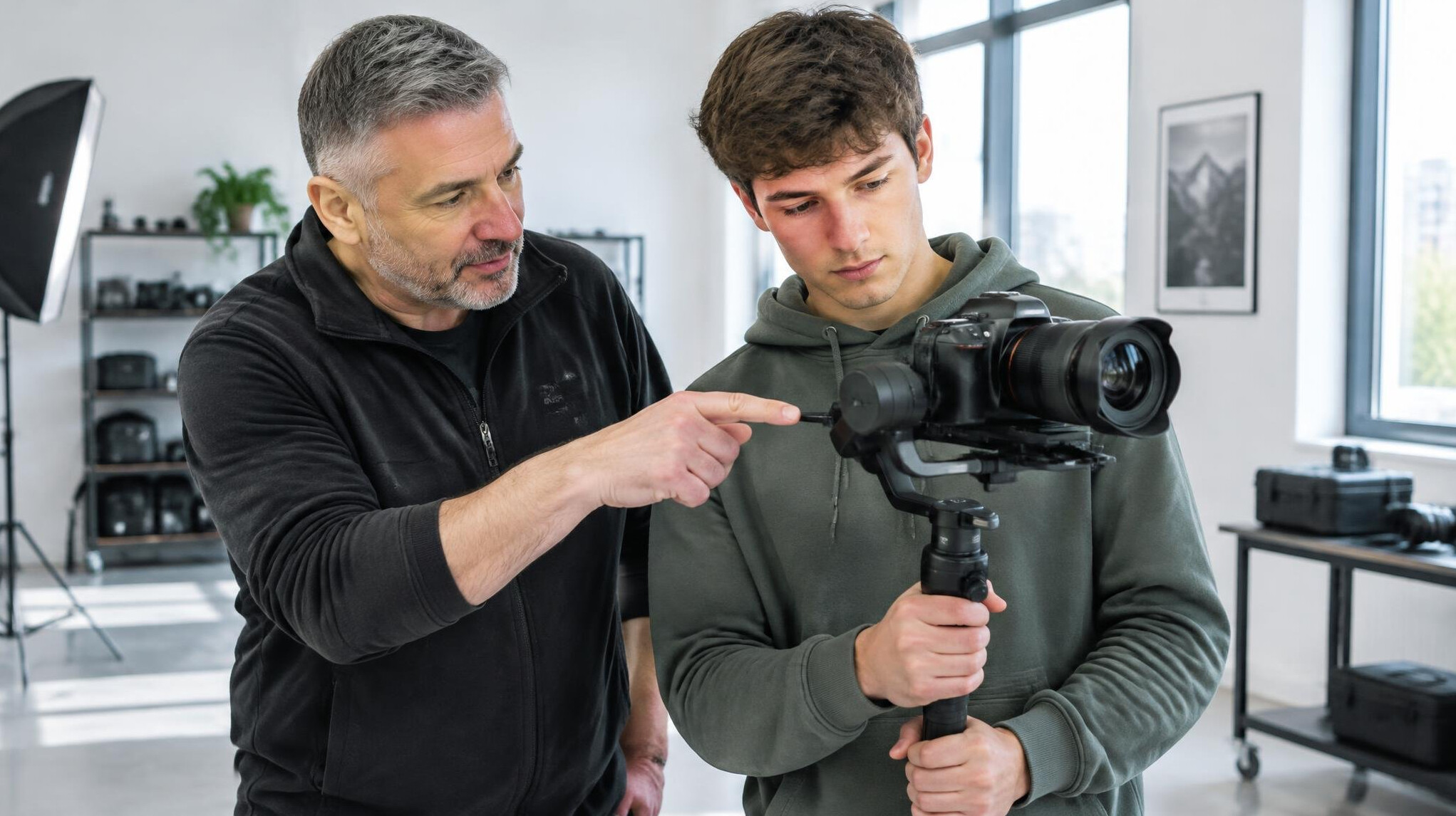 Video production instructor coaching a student with a camera