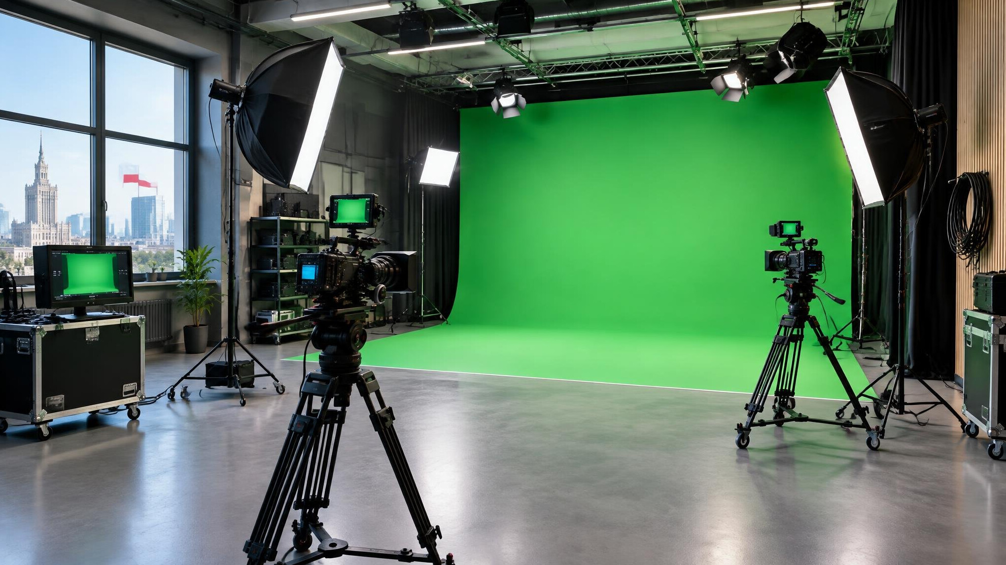 Modern video production studio interior with cameras and lighting equipment