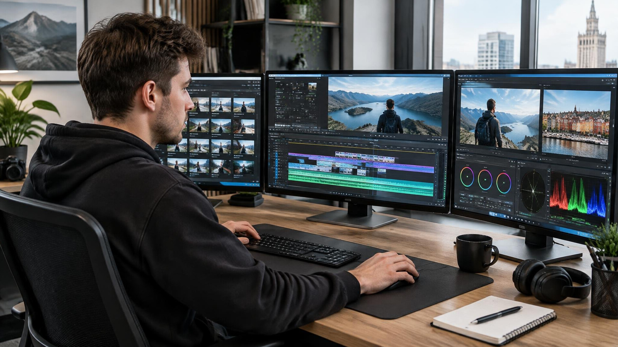 Video editor working at a multi-monitor editing desk