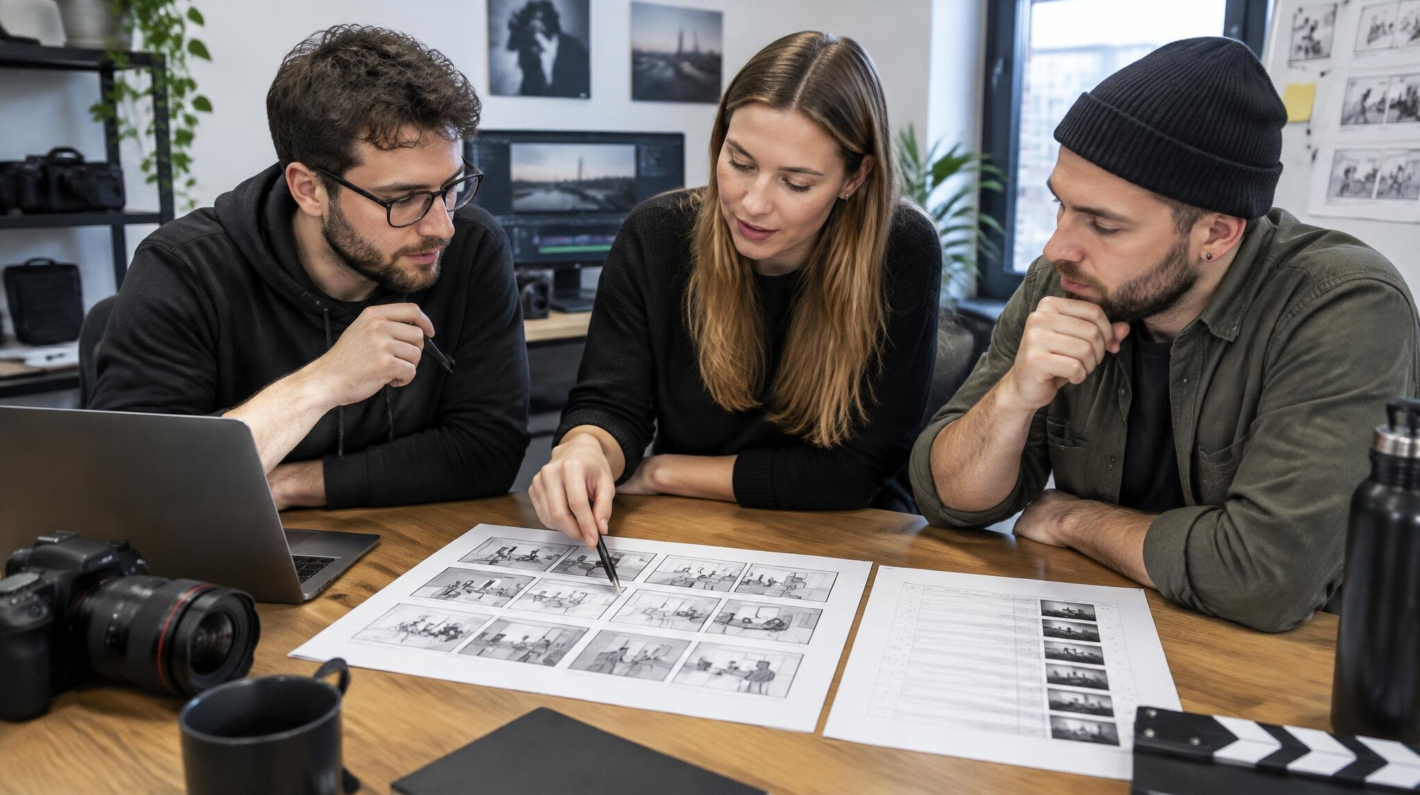 Production team planning a video shoot with a storyboard