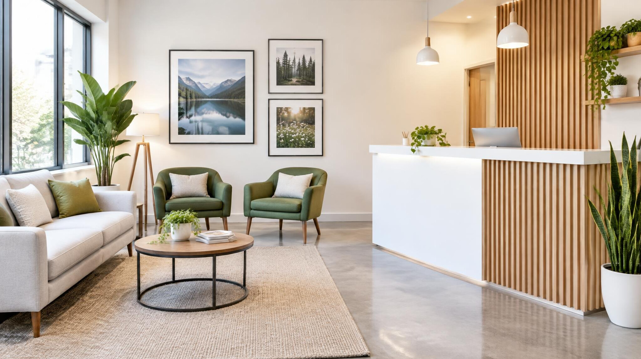 Modern studio reception area with seating and plants