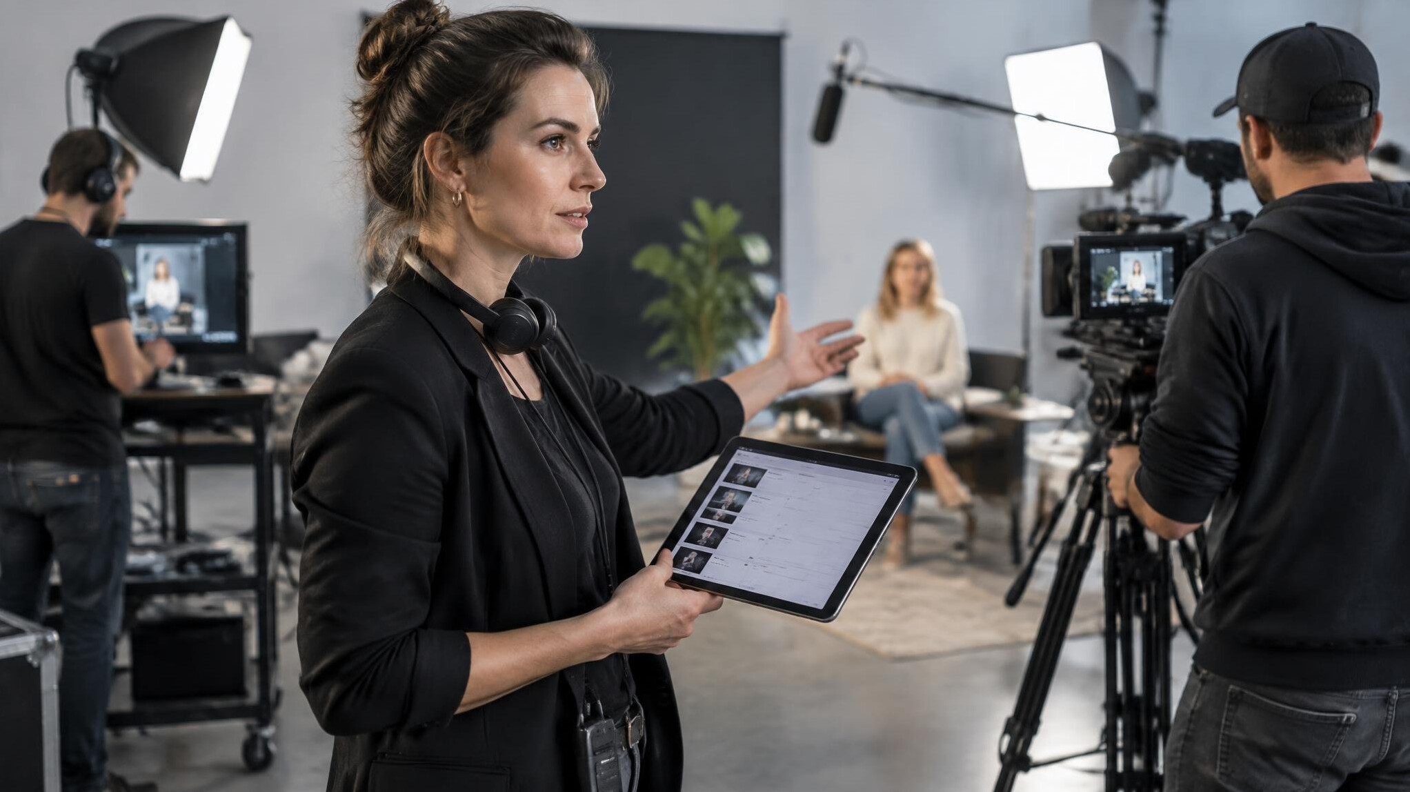 Video producer directing a shoot on set