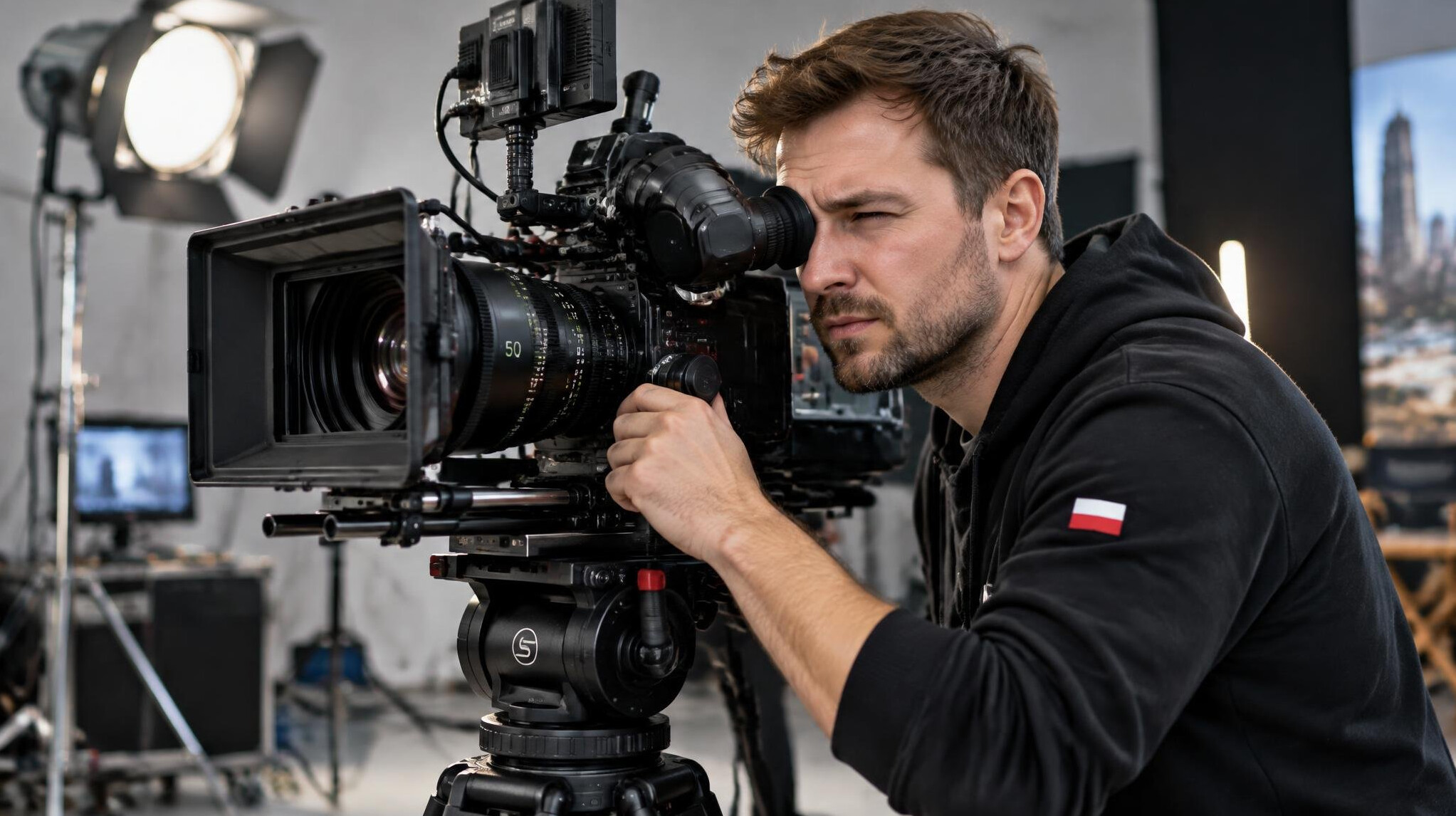 Camera operator filming a scene with a professional cinema camera